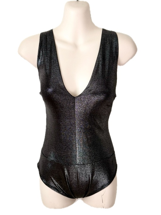 Tops - Sleek Black Shimmer V-Neck Bodysuit